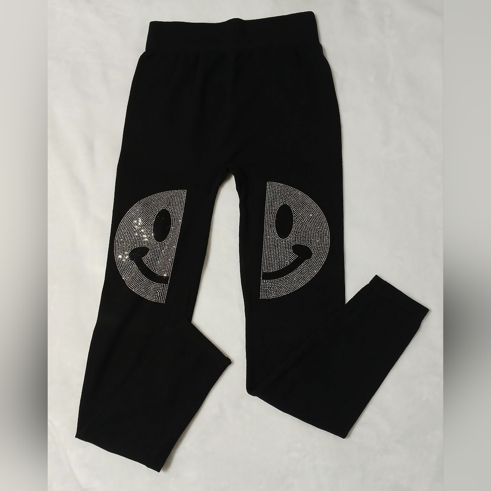 Women's leggings, black with sparkly studded smiley face design